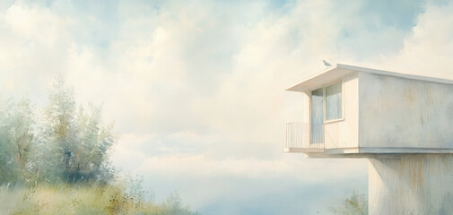Wall Mural - A white house with a balcony overlooking a field