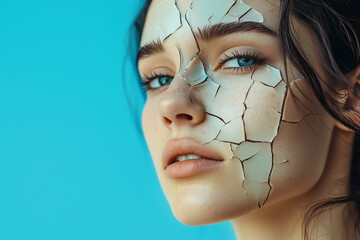 Portrait of woman with her skin broken fragmented in pieces, blue background