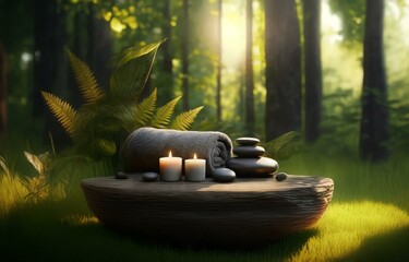 Poster - Two candles, a rolled towel, and a stack of stones sit on a wooden slab in a sun-dappled forest.