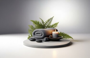 A rolled towel, a lit candle, and two stones rest on a round platform with green ferns surrounding them.