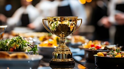 gold trophy cup on table at culinary competition.
