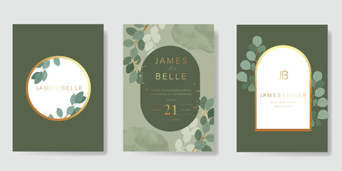 Wall Mural - Luxury wedding invitation card vector template. Green background with gold line art, flower, leaves branches, foliage, watercolor texture. Design illustration for vip cover, poster, rsvp modern card.