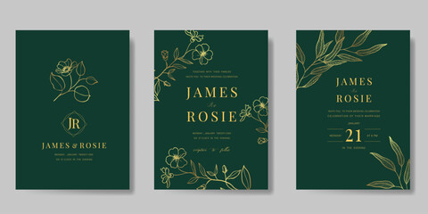 Poster - Luxury wedding invitation card vector template. Green background with gold line art, flower, leaves branches, foliage. Design illustration for vip cover, poster, rsvp modern card.