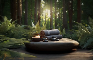 Poster - A lit candle and stacked towels are placed on a wooden platform in a forest setting.
