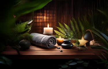 Poster - A wooden table with a gray towel, two lit candles, black stones, and green plants.