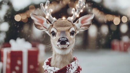 Sticker - A deer wearing a sweater standing in the snow