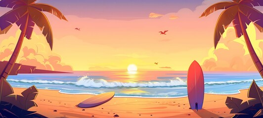 Beach scene with two surfboards, palm trees, and sunset.