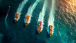 © Phasathon - Aerial view of multiple cargo ships navigating through blue waters, leaving trails in their wake under a golden sunlight.