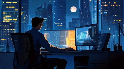 A graphic designer who works late into the night at work
