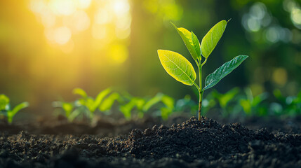 A small plant is growing in the dirt