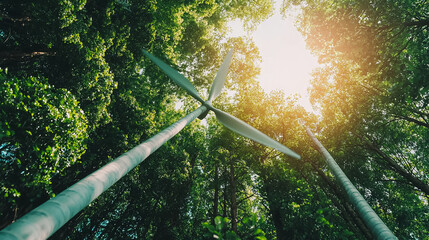 A wind turbine is in the middle of a forest