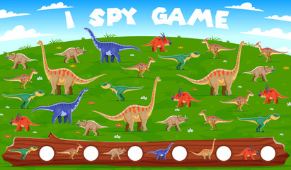 Aufkleber - I spy game worksheet with prehistoric dinosaurs and Jurassic lizards, vector cartoon quiz. Kid I spy game puzzle to find and match the same picture of funny dinosaurs and Jurassic dino lizards