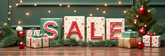 Wall Mural - Christmas sale banner with the wrapped boxes, garland, balls and fir tree branches on green background