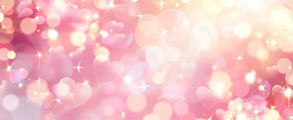 a dreamy background with glowing hearts and sparkles in pink and white hues.