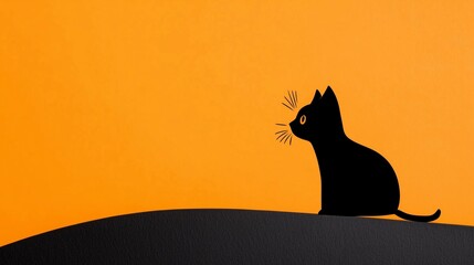 Wall Mural - Black cat silhouette on an orange background