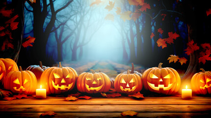 Lots of carved glowing pumpkins, Jack-o'-lanterns and colorful fallen leaves on a wooden table and wall, Halloween Party