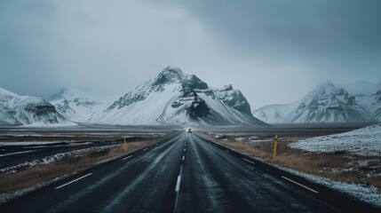 Poster - A long road with a car driving down it