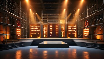 Dynamic talk show set featuring dramatic scaffolding, illuminated by warm lighting, creating an inviting atmosphere amidst a stylish dark backdrop.