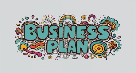 business plan word lettering with groovy doodles drawing design on plain white background