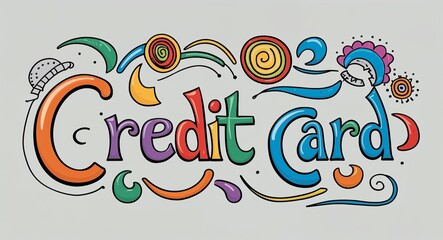 Wall Mural - Credit card word lettering with groovy doodles drawing design on plain white background