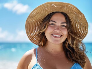 Wall Mural - Smiling woman wearing a straw hat on a sunny day. AI.