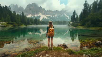 Sticker - A woman standing by a lake in the mountains, enjoying the peaceful view. AI.