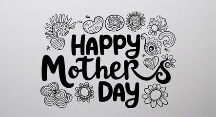 happy mothers day word lettering with groovy doodles drawing design on plain white background