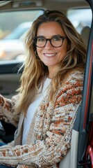 Canvas Print - A woman sitting in the driver's seat of a car. AI.