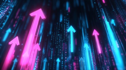 Fototapete - A dynamic futuristic arrow points upward, symbolizing the continuous growth and success of business investments, rendered in an analytical AI background.