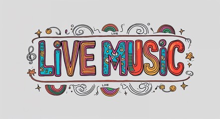 Wall Mural - live music word lettering with groovy doodles drawing design on plain white background