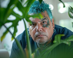 Sticker - A man with blue hair and tattoos peeks through some leafy plants. AI.