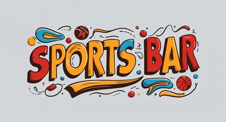 Wall Mural - sports bar word lettering with groovy doodles drawing design on plain white background