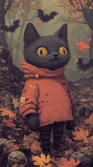 Wall Mural - A black cat wearing a red coat in a forest