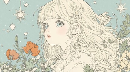 Wall Mural - A drawing of a girl in a field of flowers