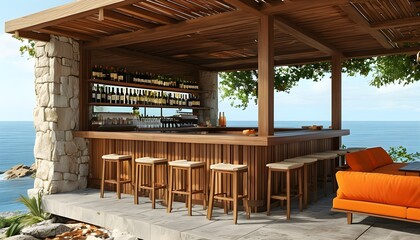 Tropical wooden coffee shop with ocean view, wine back bar, stone floor, inviting orange sofa, and cozy stools on a beautiful wooden porch