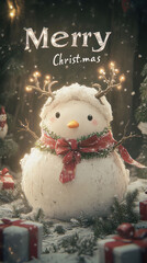 Poster - A snowman sitting in the snow surrounded by presents