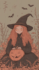 Canvas Print - A little girl in a witch costume holding a pumpkin