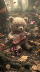 Poster - A teddy bear with a guitar in the woods