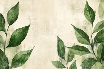 Wall Mural - abstract green leaves on a beige canvas background