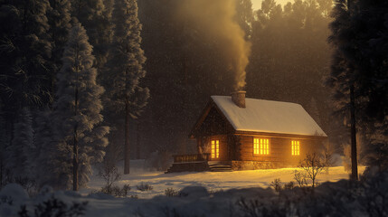 Cozy winter cabin with glowing lights in snow-covered forest at night