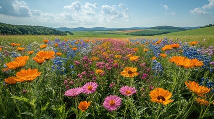 A picturesque landscape of a farm with wildflower strips between crop rows, attracting pollinators and improving soil health 