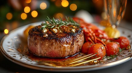 Gourmet steak dinner with gold leaf, rosemary, and cherry tomatoes.