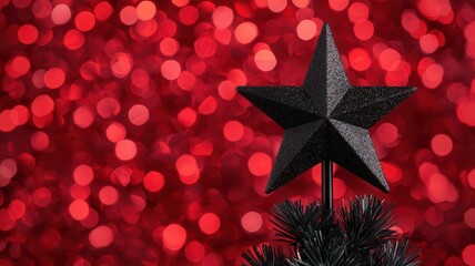 A black star decoration atop a Christmas tree against a blurred red bokeh background, creating a festive and warm atmosphere.