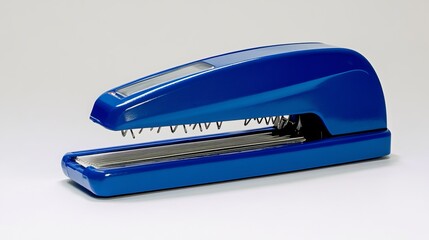 A blue stapler with two strips of staples. It is a common office supply used to bind papers together. The stapler is made of metal and has a plastic handle. The staples are made of thin wire