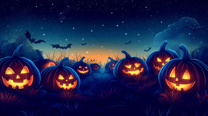 a halloween vector background with a pumpkin patch bathed in the glow of jack-o'-lanterns and a star