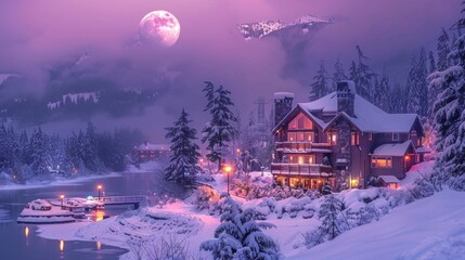 Poster - A house with a large moon in the sky