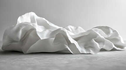 Crumpled paper lying on a minimalist grey surface, showcasing the folds and creases with soft lighting for an industrial aesthetic