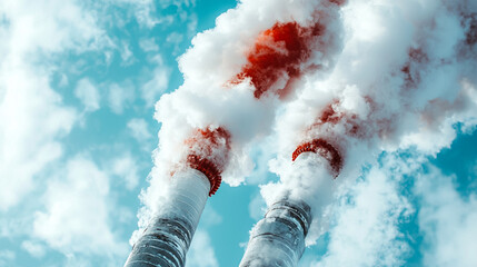 two tall smoke stacks are spewing smoke into the sky