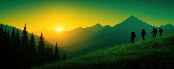 Silhouetted hikers trek through lush hills as the sun rises, casting a warm glow on a serene mountain landscape.