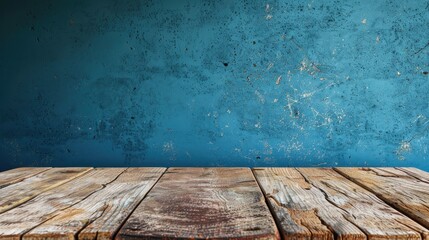 Poster - Weathered wooden table against blue wall